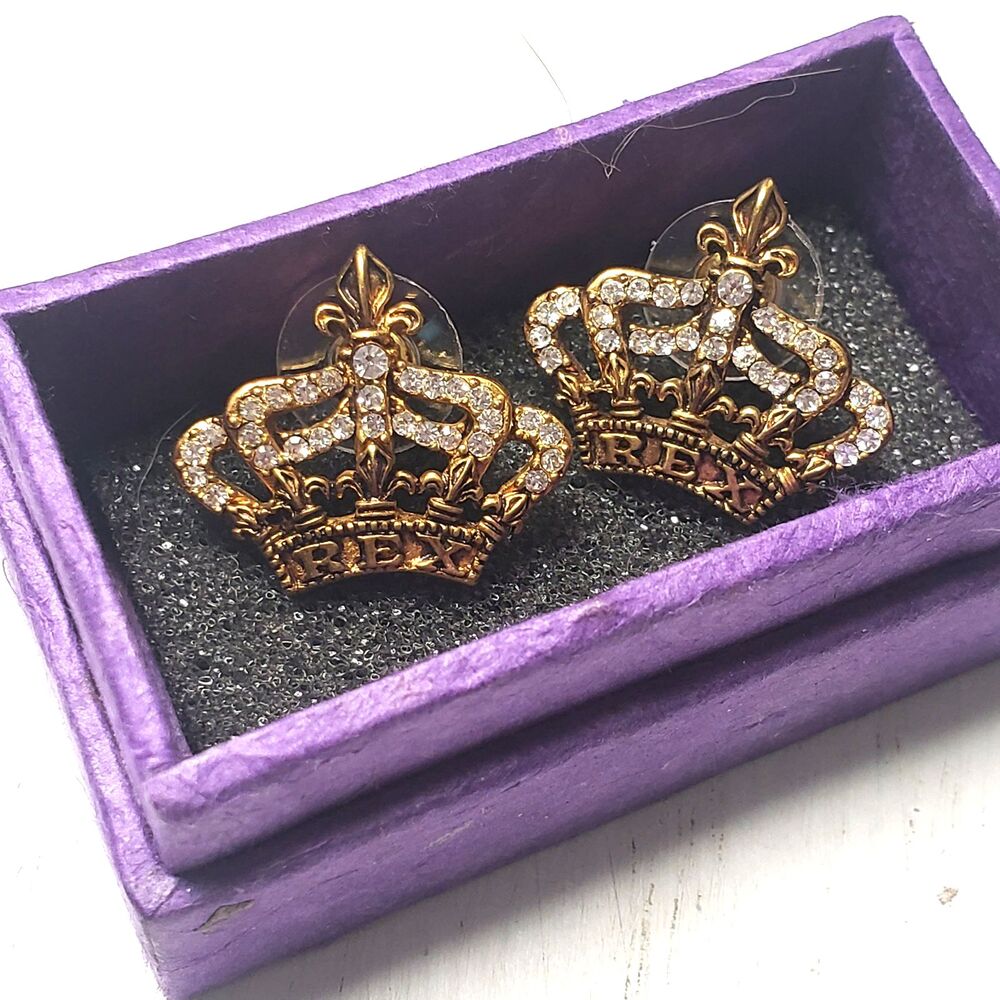 Vtg RARE New Orleans REX Mardi Gras Krewe Crystal Crown Gold Tone Earrings w/Box